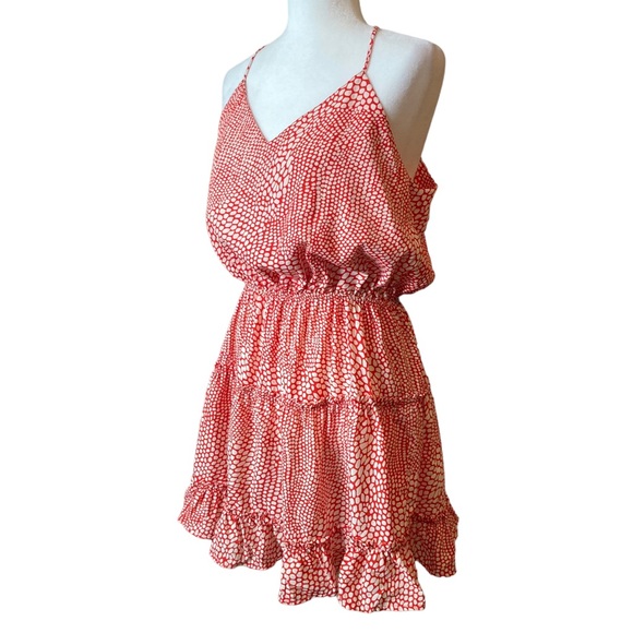 fab'rik Women's coral red print spaghetti strap tiered ruffle mini dress , Sz L - Picture 3 of 16
